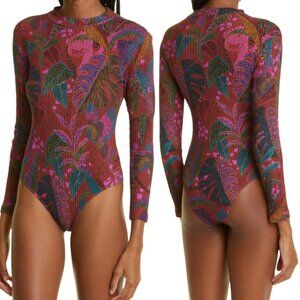 FARM Rio Forest Print Ribbed Knit Long Sleeve Bodysuit Size Medium